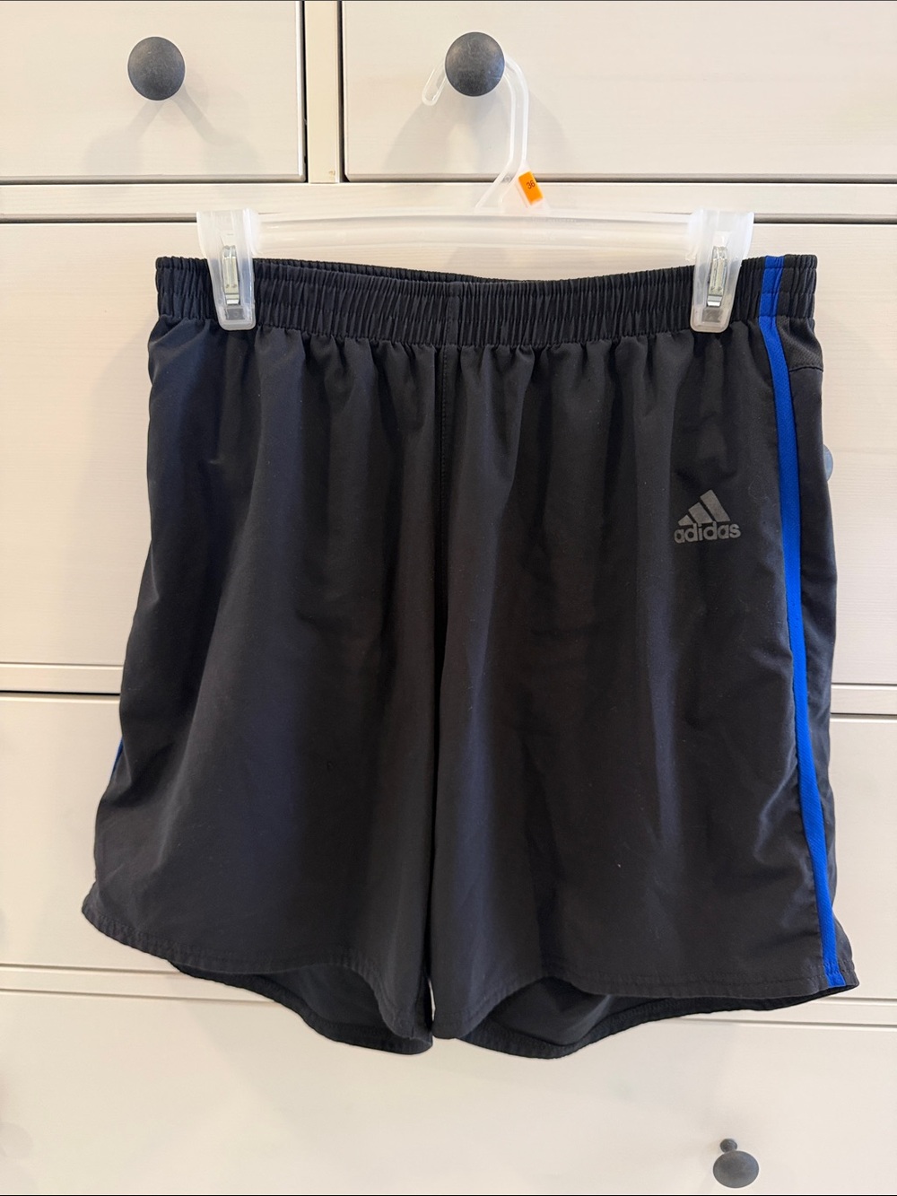 adidas Men’s Black Athletic Shorts with Blue Side Panels Small Zippered Pocket